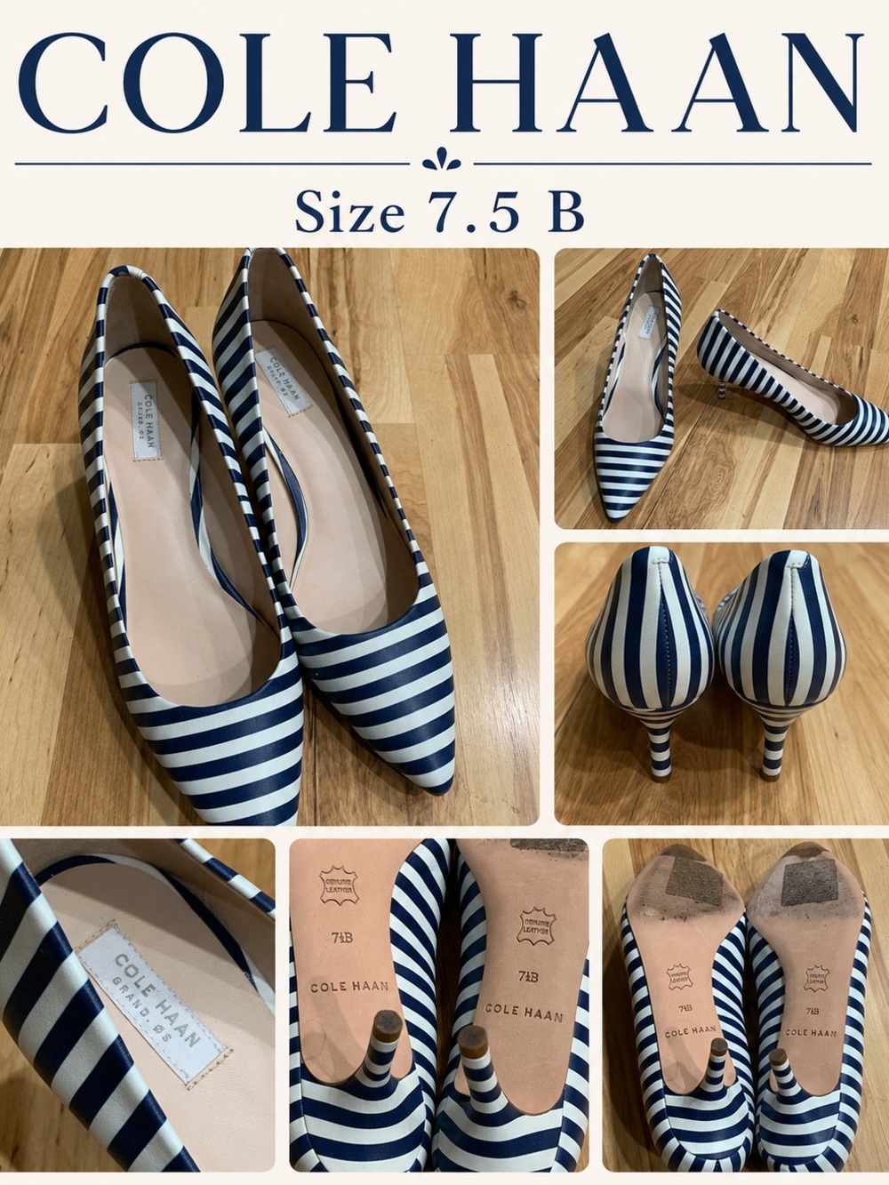 Cole Haan Vesta Striped Pointed Toe Kitten Pump Heels Size 7.5 Like New